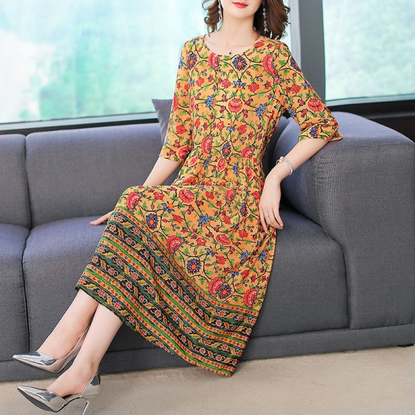 Imitate Real Silk Dress Sweet Women Clothes New Summer Fashion Half Sleeved Print Dresses Lady's Casual Party Dress 1 Half Sleeved Print Dresses Lady's Casual Party
