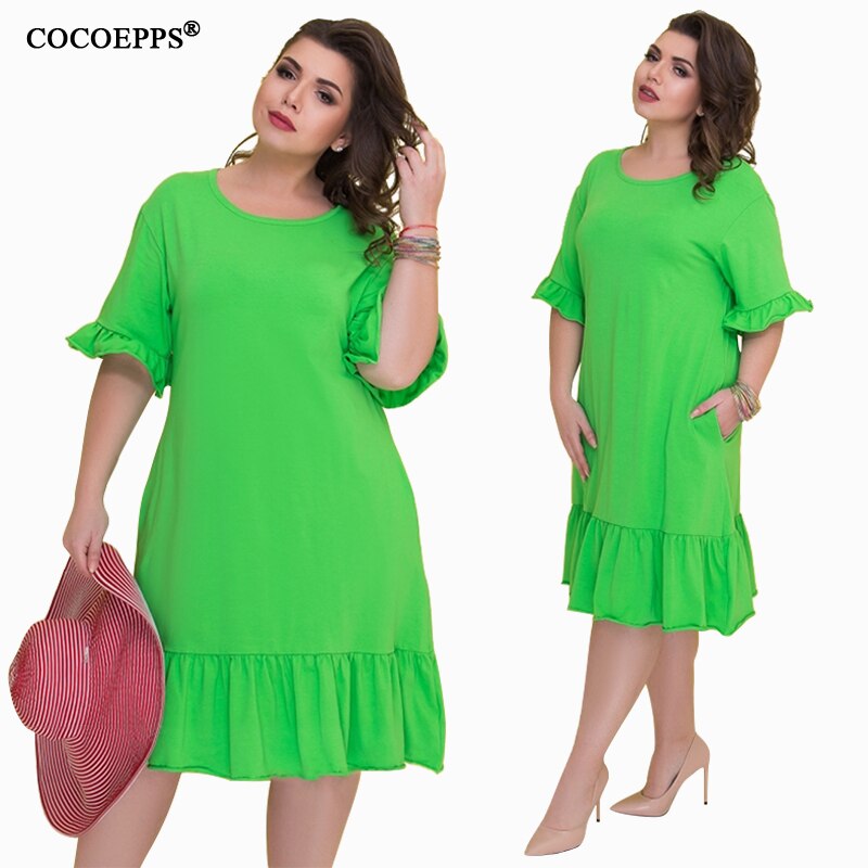 COCOEPSS 19 Plus Size Casual Loose Dress Big Size Women Dress Summer Half Sleeve Dress Ruffles Elegant Party Large Size Dress