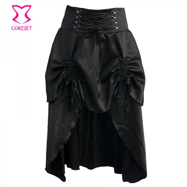Black Satin Gothic Skirt With Ruffle Women Burlesque Mid Swallowtail