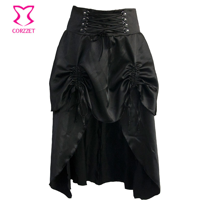 Black Satin Gothic Skirt With Ruffle Women Burlesque Mid Swallowtail Skirts Matching Steampunk Corsets and Bustiers 1