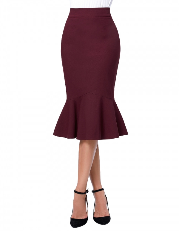 Mermaid Dark Wine Black Pencil Skirt Jupe Longue High Waist Sexy Long Skirt