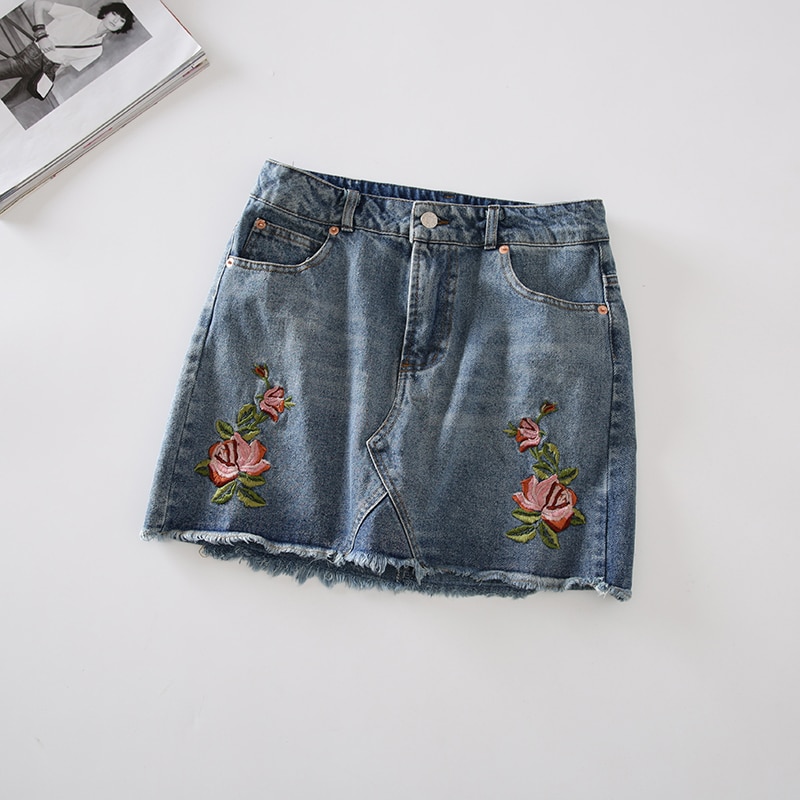 17 Summer Skirt for Womens High Waist Short Midi Skirt Rose Embroidery Mini Casual Denim Blue Black 2