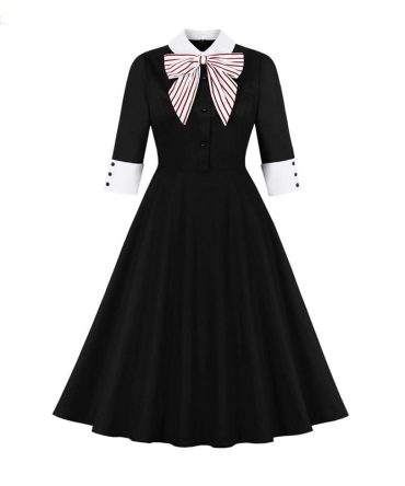 Sweet Hepburn Womens Dresses Autumn Half Sleeves Polo Pin Up With Bow Patchwork Vintage Button Casual Knee-length Party Dresses