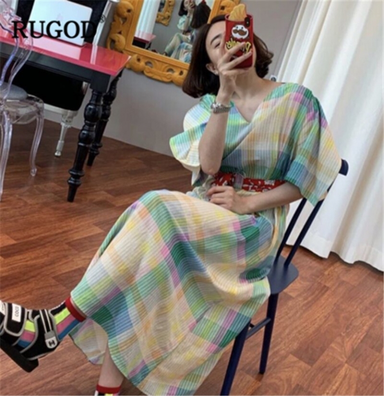 RUGOD 19 New Arrival Women Colorful Dress V-neck Half Sleeves Loose Straight Vintage With Sash Constrast Colors Vintage Mujer