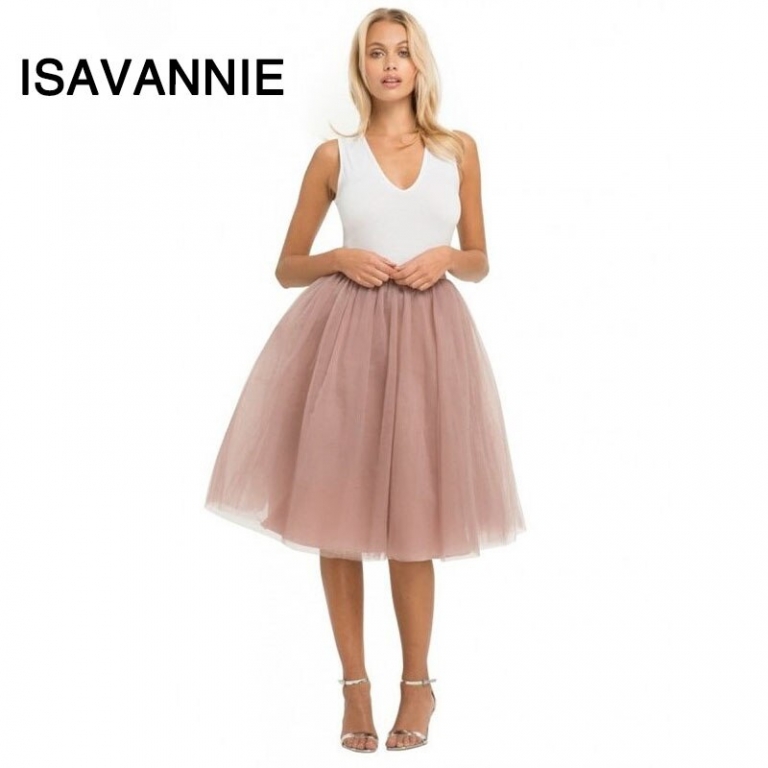 Isavannie Puffy 5 Layers Tulle Skirt Hidden Zipper Style High Waisted Midi Skirts Womens Pleated Skirt Faldas Saias Premium Sewn