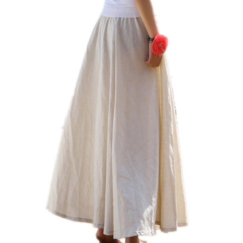 Free Shipping 18 Fashion Women Summer Spring New Linen Cotton Long Maxi Skirt Elastic Waist Bohemian Beach A-line Ladies Skirt 3