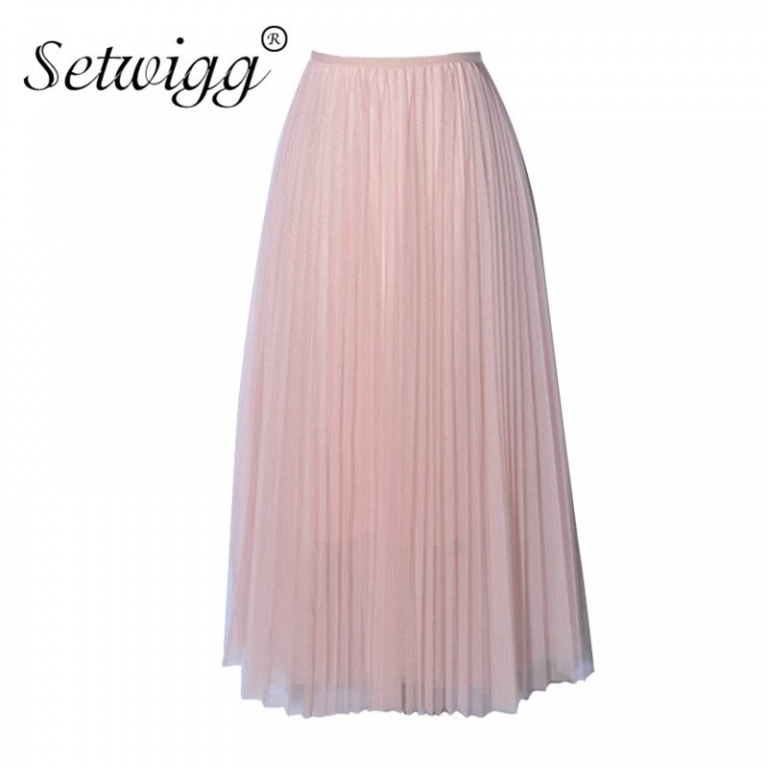 SETWIGG Sweet Pink Layered Tulle A-line Long Pleated Spring Skirts Elastic Waist Puffy Mid-calf Skirts Summer SG5101