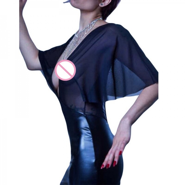 Transparent Gauze Vinyl Leather Patchwork Clubwear Sexy Deep V-Neck Flare Half Sleeve Part Dress 17 Women Night Club Vestidos 2 Dream Vine Transparent Vinyl Leather Patchwork Clubwear Dress: Your Ultimate Night Out Glam