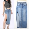 European style sexy high-open split package hip skirt light blue women long denim skirts