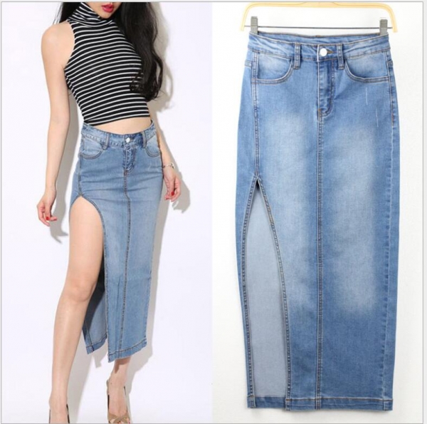 European style sexy high-open split package hip skirt light blue women long denim skirts