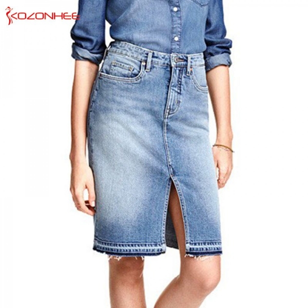 Front Slit Summer Jeans Skirt Midi High Waist