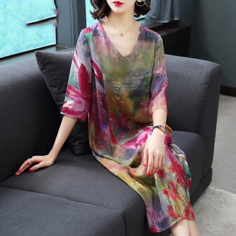 Imitate Real Silk Dress Plus Size New Spring Summer Women Dress Loose Half Sleeved Print A-line Dresses Beach Casual Clothes
