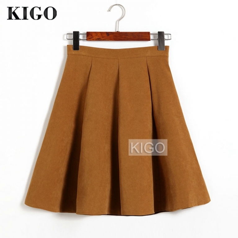 KIGO Autumn Winter Skirts Women 18 Suede Skirt High Waist Flared Skirt Knee-Length Midi Casual Vintage Skirt Faldas KJ1065H