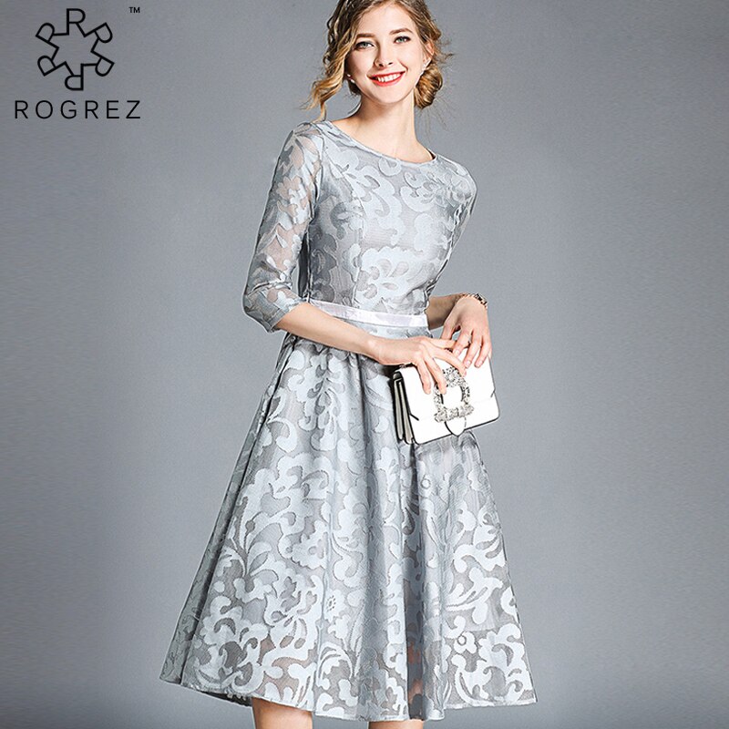 ROGREZ Blue Silver Elegant A Line Women Dress Half Sleeve Knee Length Floral Midi High Waist Party Dresses Autumn 2