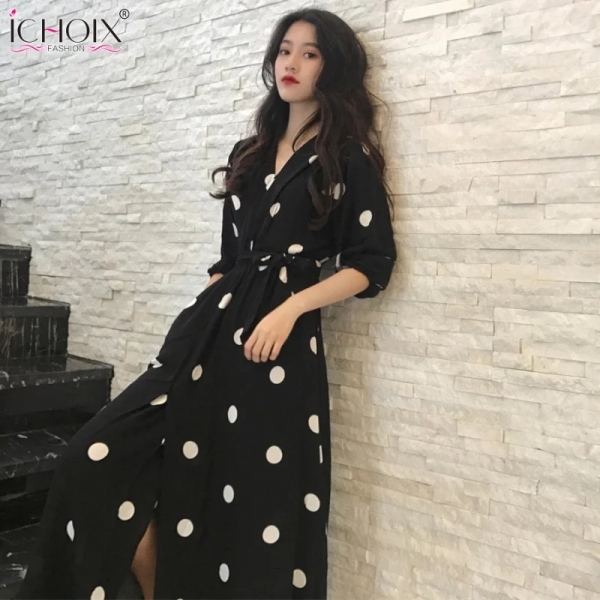 Half Sleeve Summer Women Dress Korean Style V-neck Ladies Evening Party Long Dress Vintage Elegant Dot Dress 19 robe femme Half Sleeve Summer Women Dress Korean Style V-neck Ladies Evening Party Long Dress Vintage Elegant Dot Dress 19 robe femme