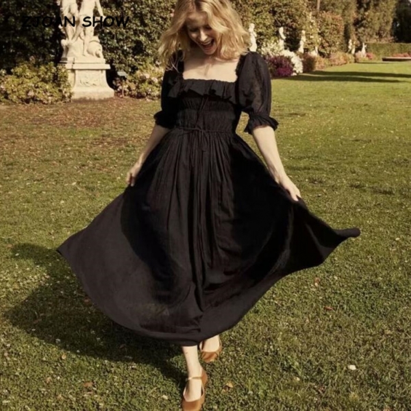 19 New Women French style 3D dot Spliced Ruffle Square Collar Maxi Long Swing Dress Black Backless Half Sleeve Dresses Vestido 1 Chic Women’s French Style 3D Dot Spliced Ruffle Maxi Dress – Backless & Half Sleeve