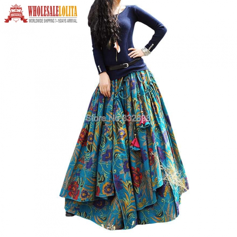 New Fashion Top Sale Long Flowing Thick Cotton Multicolor Print Skirts Bohemia Style Ethnic Print Linen Skirt