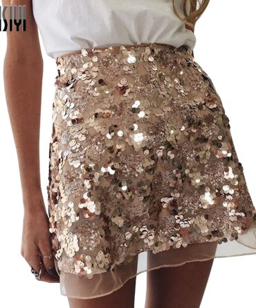 LAISIYI Gold Sequin Mesh Mini Skirts Womens Christmas High Waist Skirt Zipper Casual Short Party Beach Black Skirt ASSK005
