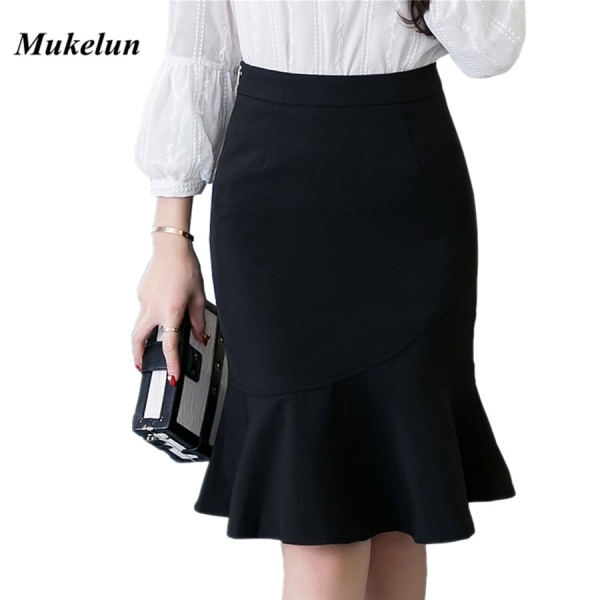 Stylish Plus Size Women’s Pencil Skirt – Slim Bodycon Office Wear with Ruffle Hem