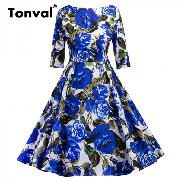 Vintage Women Pleated Dress Summer Half Sleeve Party Backless Floral