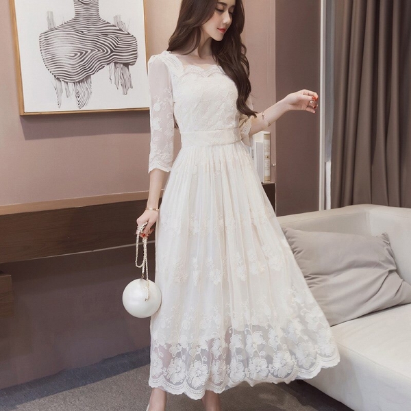 White Dress Floral Print Long Dress O-Neck Casual Pleated Half Sleeve Lace