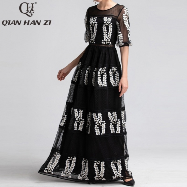 Qian Han Zi newest Designer Runway Maxi Dress Women Half Sleeve Mesh Embroidered Hollow Out Lace Vintage black party Long Dress 1 Women Half Sleeve Mesh Embroidered Hollow Out Lace Vintage black
