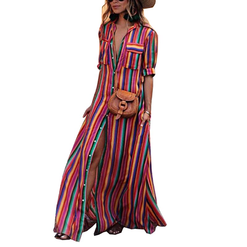 Women Long Maxi Dress Boho Half Sleeve Striped Dress Female Button Turn Down Collar Casual Dresses 18 Autumn Clothing