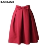 BACHASH Elegant Women Skirt High Waist Pleated Knee Length Skirt Vintage A Line Big Bow Red Black Side Zipper Skater Skirts Red