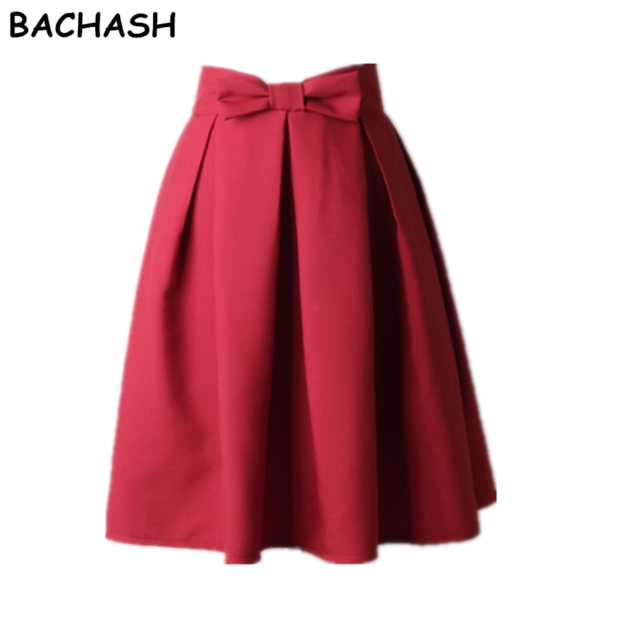 BACHASH Elegant Women Skirt High Waist Pleated Knee Length Skirt Vintage A Line Big Bow Red Black Side Zipper Skater Skirts Red