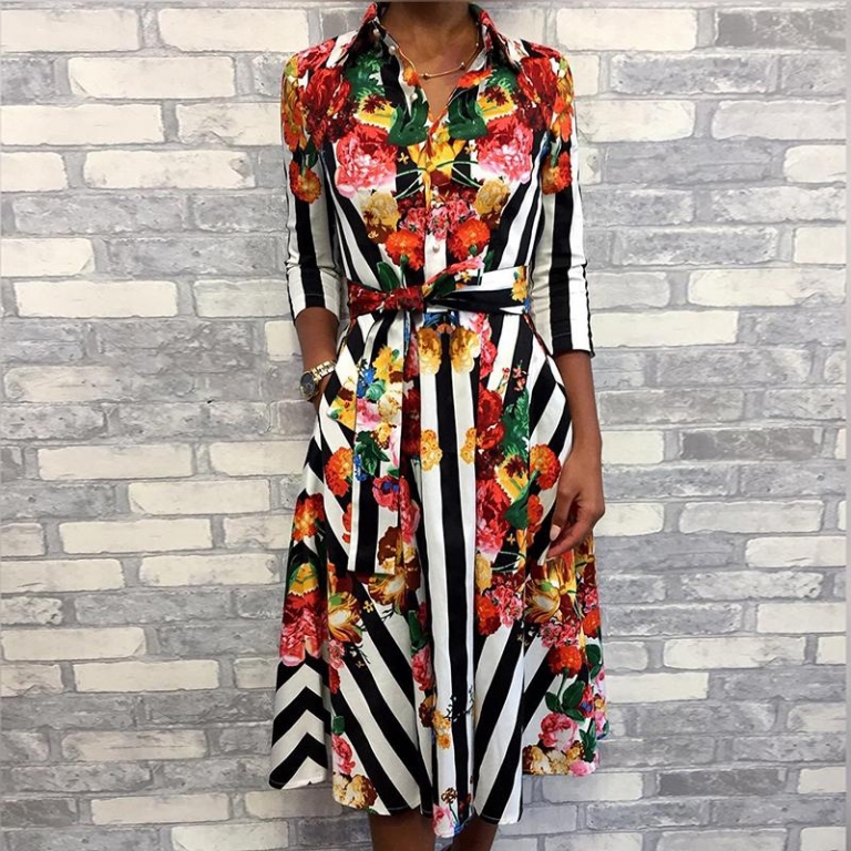 19 Women Summer Elegant OL Workwear Formal Gown Midi Party Dress Stylish Floral & Striped Print Half Sleeve Shirt Dress