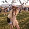 Patchwork embroidery mesh dress with gold polka dots and half sleeves – sexy mini summer style