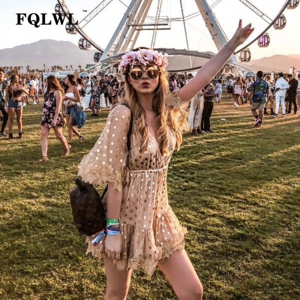 FQLWL Patchwork Embroidery Polka Dots Sexy Mesh Dress Women Gold Half Sleeve Loose Party Mini Dresses Summer Beach Dress Elegant Patchwork embroidery mesh dress with gold polka dots and half sleeves – sexy mini summer style
