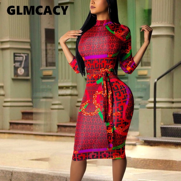 Plus Size Women Vintage Printed Bodycon Dress Casual Office Ladies Elegant Half Sleeve Knee Length Dress Party Club Vestidos 1 Vintage Printed Bodycon Dress Casual Office Ladies Elegant Half Sleeve