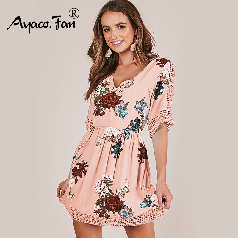 Half Sleeve Lace Patchwork Summer Dress 19 New Boho Casual Sweet Pink Hollow Out Swing Mini A-Line Dresses Maxi Beach Dress
