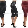 High-waist faux leather pencil skirt black sexy elastic below knee skirt
