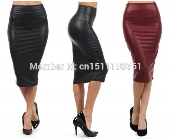 free shipping women office skirt high-waist faux leather pencil skirt black sexy elastic below knee skirt 10 colors XS/S/M/L/XL 1 High-waist faux leather pencil skirt black sexy elastic below knee skirt