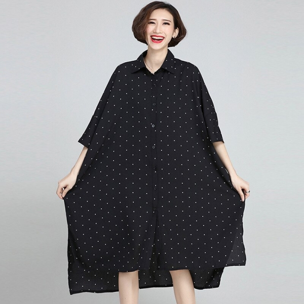 Plus Size Korean Wave Point Dresses Women New Turn-down Collar Half Sleeve