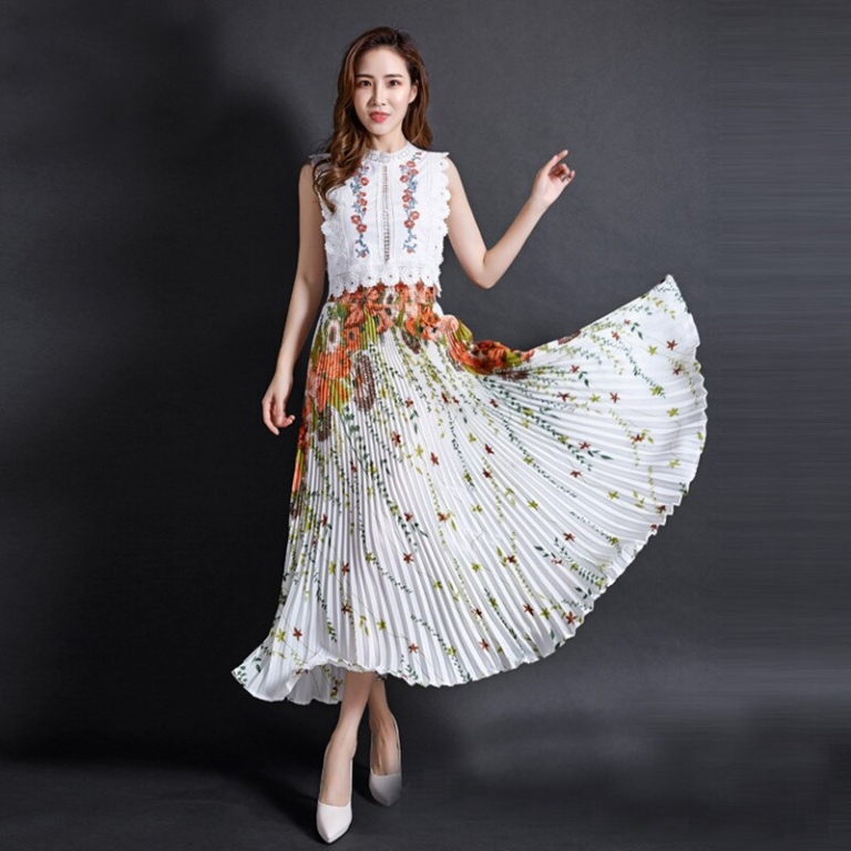 FLOWER SKY Summer Chiffon Floral Printed Female New Fashion Vintage Pleated Skirt Women Long Maxi Party Skirts Womens