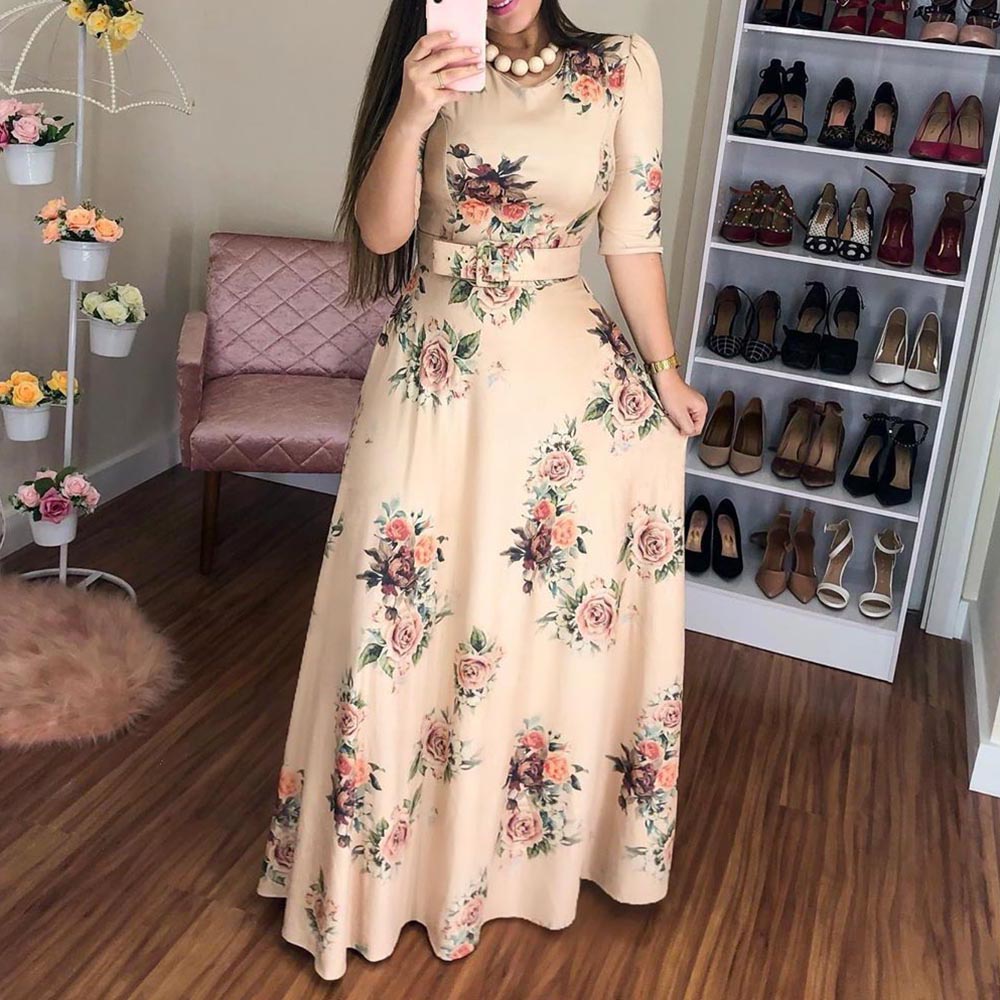 Casual half Sleeve Long Dress Boho Floral Print Maxi Dress Elegant Dress