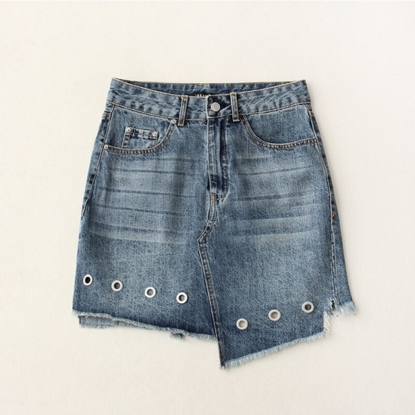 High Waist Eyelet Asymmetric Mini Denim Skirt Women Casual Novelty High Street Style Hollow Out Jeans Skirt Blue Light Wash