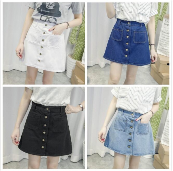 New Simple Summer Comfortable High Waist Cowboy denim button Skirt