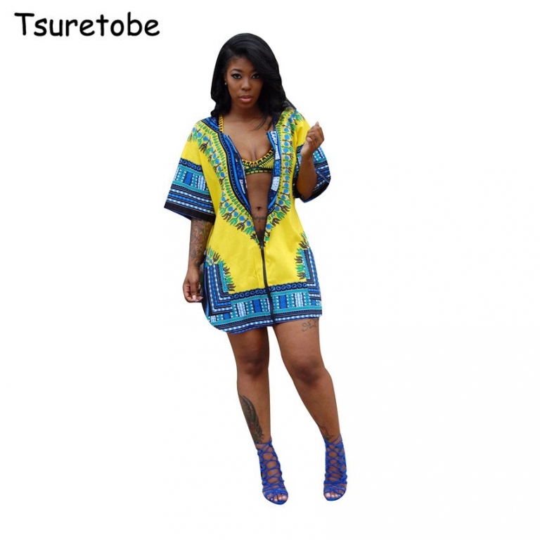 Tsuretode Summer African Print Cardigan Plus Size Dress Women Loose Casual Split Beach Dress Half Sleeve Shirt Vintage Dress