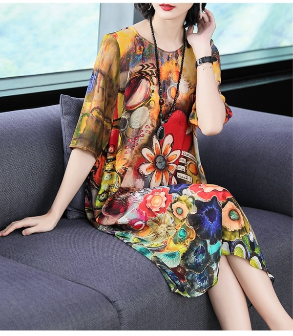 Imitate Real Silk Dresses Plus Size Loose Women Print A-Line Dress New Pattern Half Sleeves Dress Fashion Lady Nightclub Costume 1 Plus Size Loose Women Print A-Line Dress New Pattern Half Sleeve