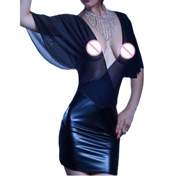 Transparent Gauze Vinyl Leather Patchwork Clubwear Sexy Deep V-Neck Flare Half Sleeve Part Dress 17 Women Night Club Vestidos Transparent Gauze Vinyl Leather Patchwork Clubwear Sexy Deep V-Neck Flare Half Sleeve Part Dress 17 Women Night Club Vestidos