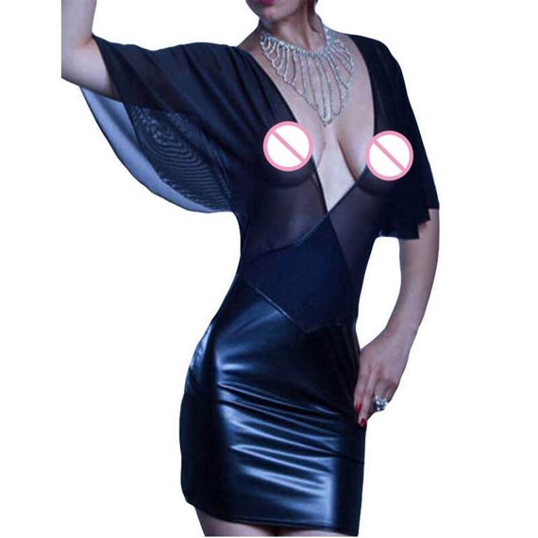 Transparent Gauze Vinyl Leather Patchwork Clubwear Sexy Deep V-Neck Flare Half Sleeve Part Dress 17 Women Night Club Vestidos