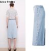 Denim Skirt Cute Casual Front/Back Split High Waist Midi Skirts A Line Jean Skirt