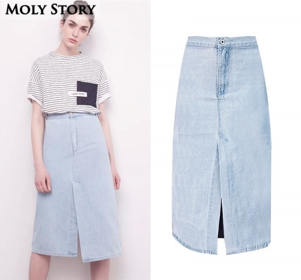 Denim Skirt Cute Casual Front/Back Split High Waist Midi Skirts A Line Jean Skirt