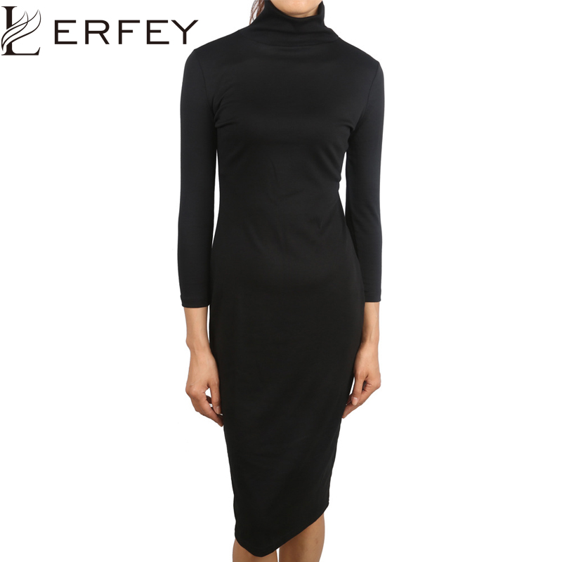 LERFEY Women Autumn Black Dress Half Sleeve Dresses Sheath Office Bussiness Bodycon Turtleneck Dress New Clothings