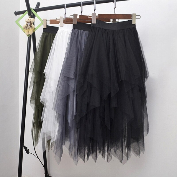 Long Tulle Skirt Women Fashion High Waist Irregular Hem Mesh Tutu Skirt 17 Summer Beach Skirt Ball Gown Ladies