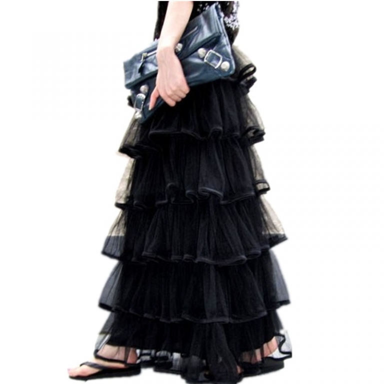 Free Shipping New Arrival Of Spring 18 Long Tulle Layered Skirts Ruffles Maxi Skirts For Women Black And White Waisted Skirts